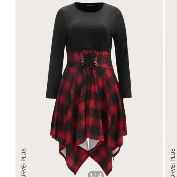 Buffalo plaid check hanky/hankie hem corset dress with long sleeves (SHEIN 3X) - Picture 1 of 7